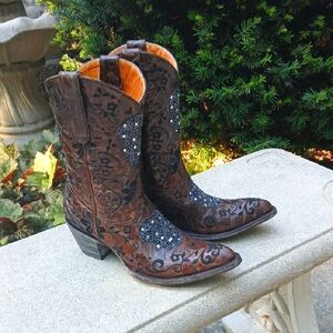 Old Gringo CALACA BROWN LEATHER   BLACK EMBROIDERY, SWAROVSKI CRYSTAL Sz 9.5